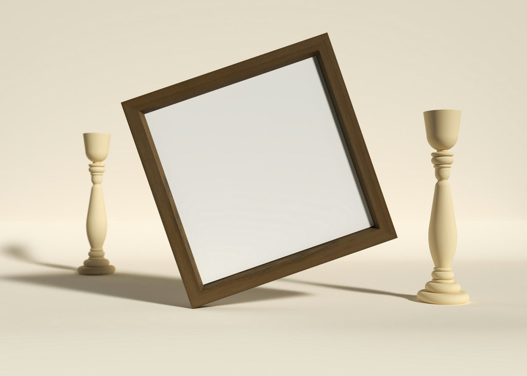 Picture frame on a table with candles