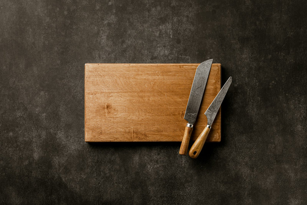 Wood cutting board with knives