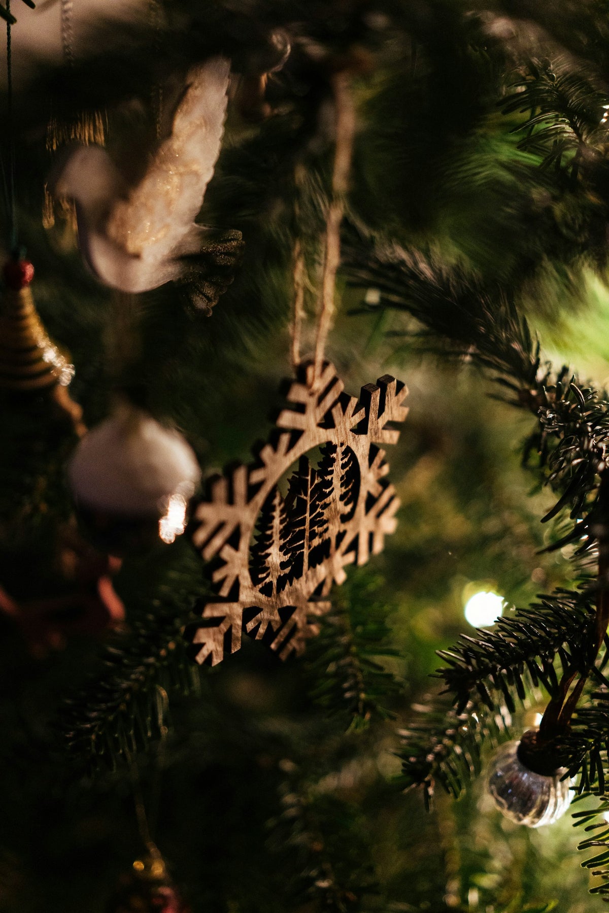Wood ornament on a Christmas tree